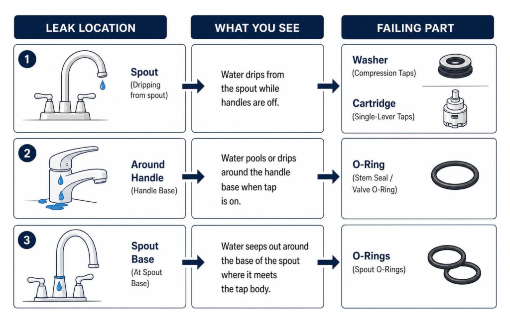 Diagram showing tap leak locations and corresponding failing parts like washers cartridges and O-rings