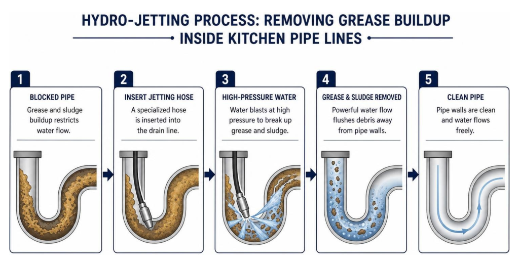 Diagram showing hydro-jetting process removing grease buildup inside kitchen pipe lines