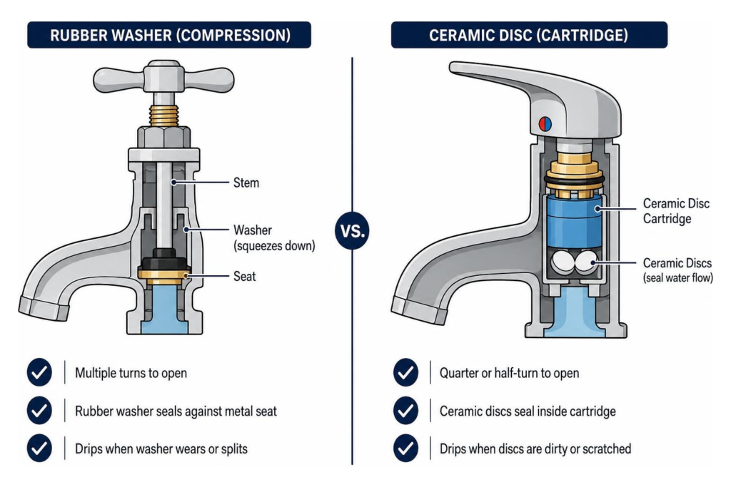 Comparison of tap mechanisms showing internal rubber washers vs ceramic disc cartridges