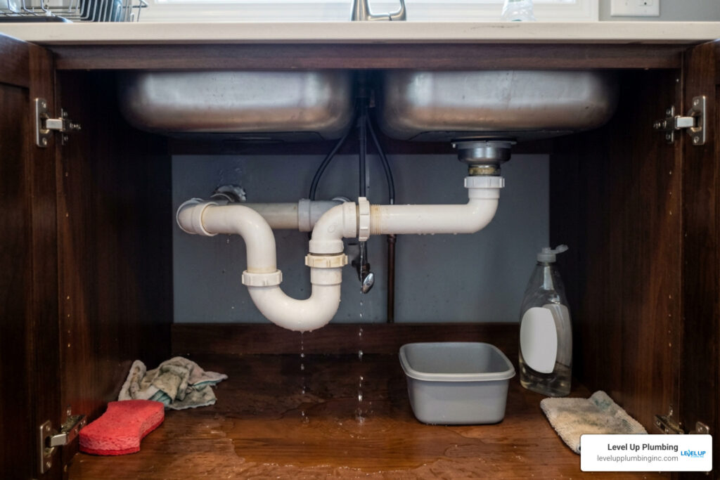 leaking pipe joint under a kitchen sink