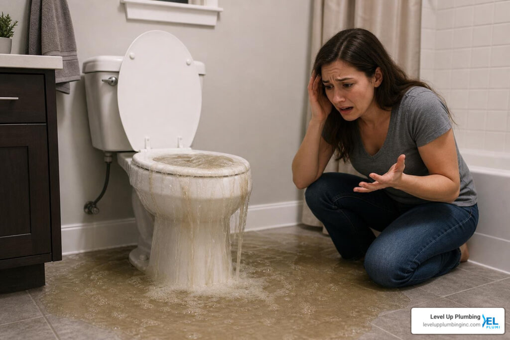clogged toilet overflowing in a bathroom