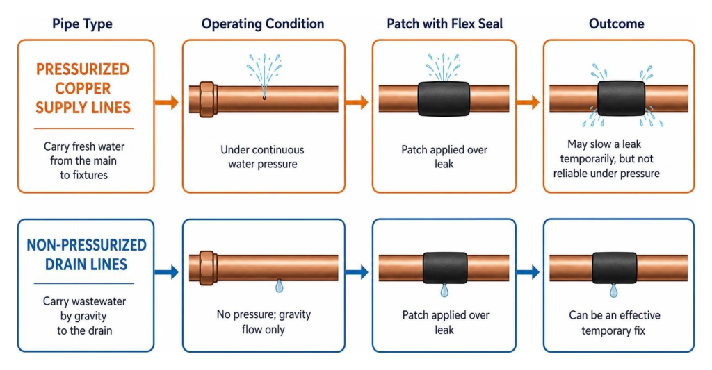 Diagram comparing pressurized copper supply lines versus non-pressurized drain lines