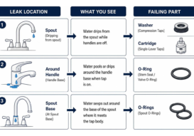 Diagram showing tap leak locations and corresponding failing parts like washers cartridges and O-rings