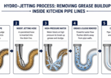 Diagram showing hydro-jetting process removing grease buildup inside kitchen pipe lines