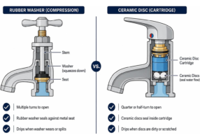 Comparison of tap mechanisms showing internal rubber washers vs ceramic disc cartridges