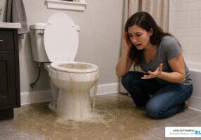 clogged toilet overflowing in a bathroom